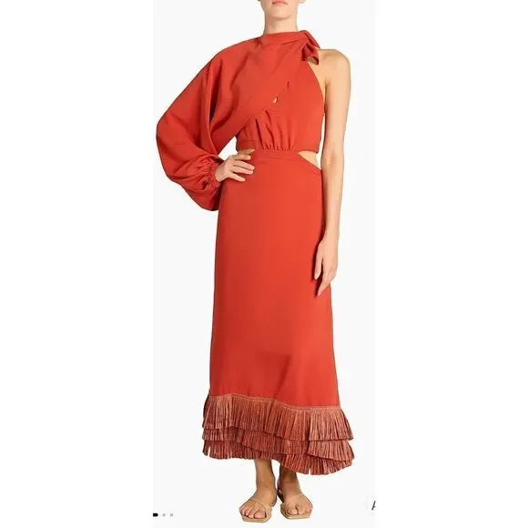 Johanna Ortiz Cut Out & Fringe-Hem Midi-Dress in Ankara Red NWT Size 4 - Picture 6 of 15